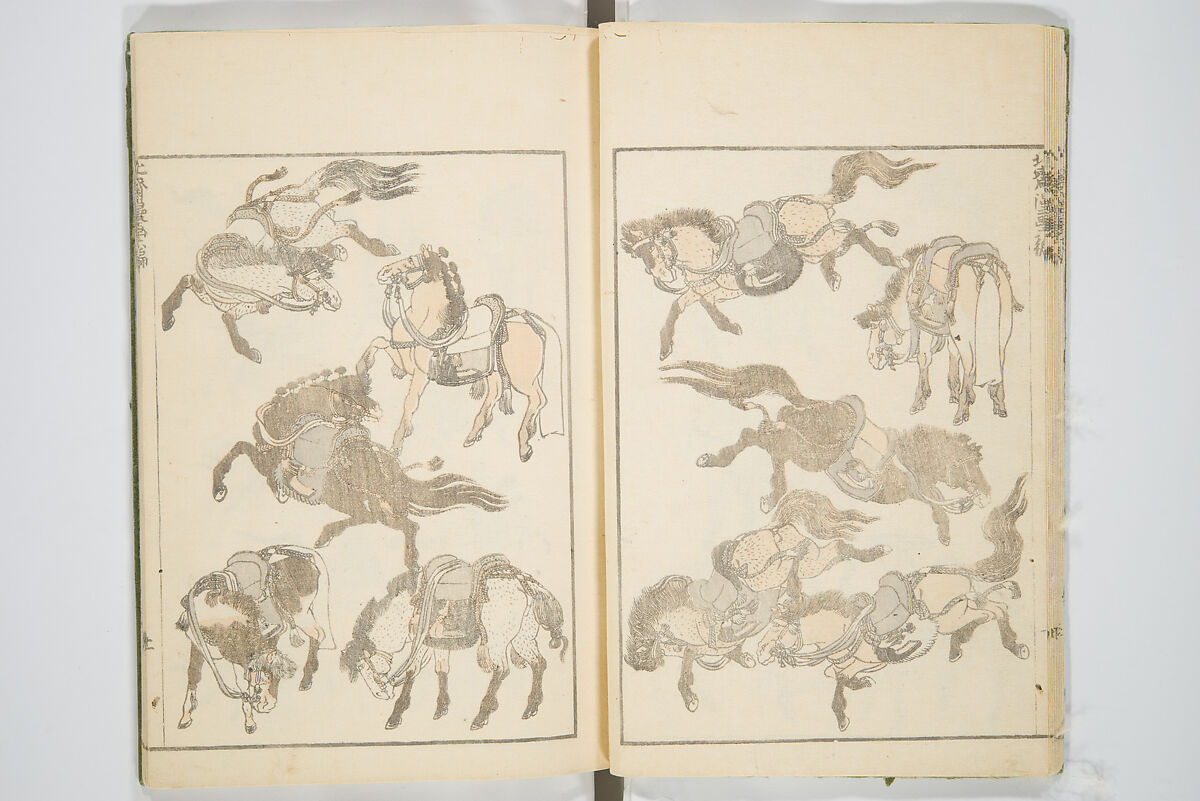 Transmitting the Spirit, Revealing the Form of Things, Volume 1 to 15 of Hokusai Sketchbooks (Denshin kaishu: Hokusai manga, shohen–jugohen) 伝神開手北斎漫画 初編-十五編, Katsushika Hokusai 葛飾北斎 (Japanese, Tokyo (Edo) 1760–1849 Tokyo (Edo)), Set of fifteen woodblock printed books; ink and color on paper, Japan