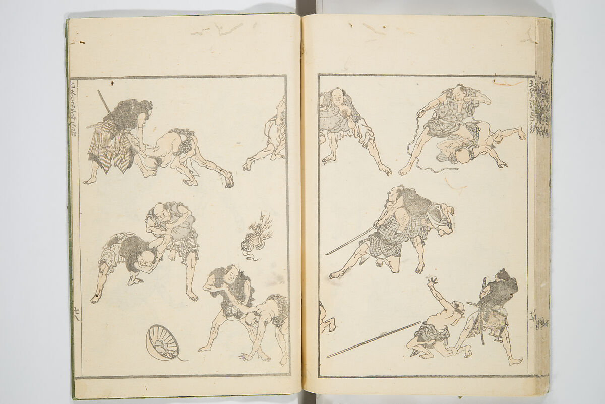 Transmitting the Spirit, Revealing the Form of Things, Volume 1 to 15 of Hokusai Sketchbooks (Denshin kaishu: Hokusai manga, shohen–jugohen) 伝神開手北斎漫画 初編-十五編, Katsushika Hokusai 葛飾北斎 (Japanese, Tokyo (Edo) 1760–1849 Tokyo (Edo)), Set of fifteen woodblock printed books; ink and color on paper, Japan