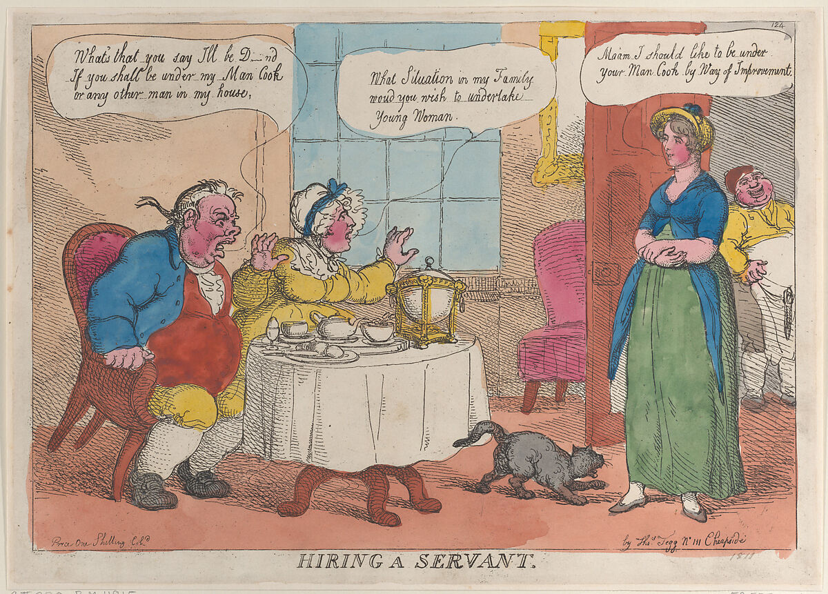 Hiring a Servant, Thomas Rowlandson (British, London 1757–1827 London), Hand-colored etching 