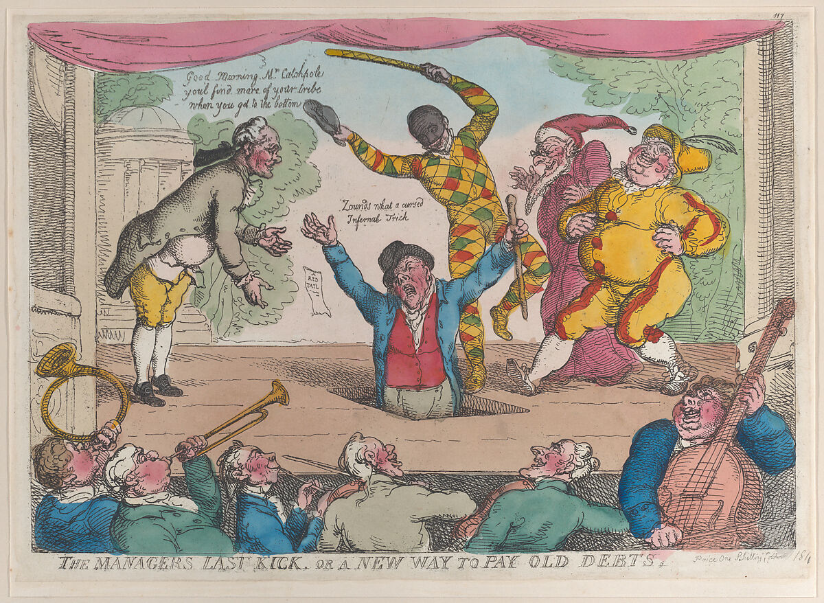The Manager's Last Kick, or a New Way to Pay Old Debts, Thomas Rowlandson (British, London 1757–1827 London), Hand-colored etching 