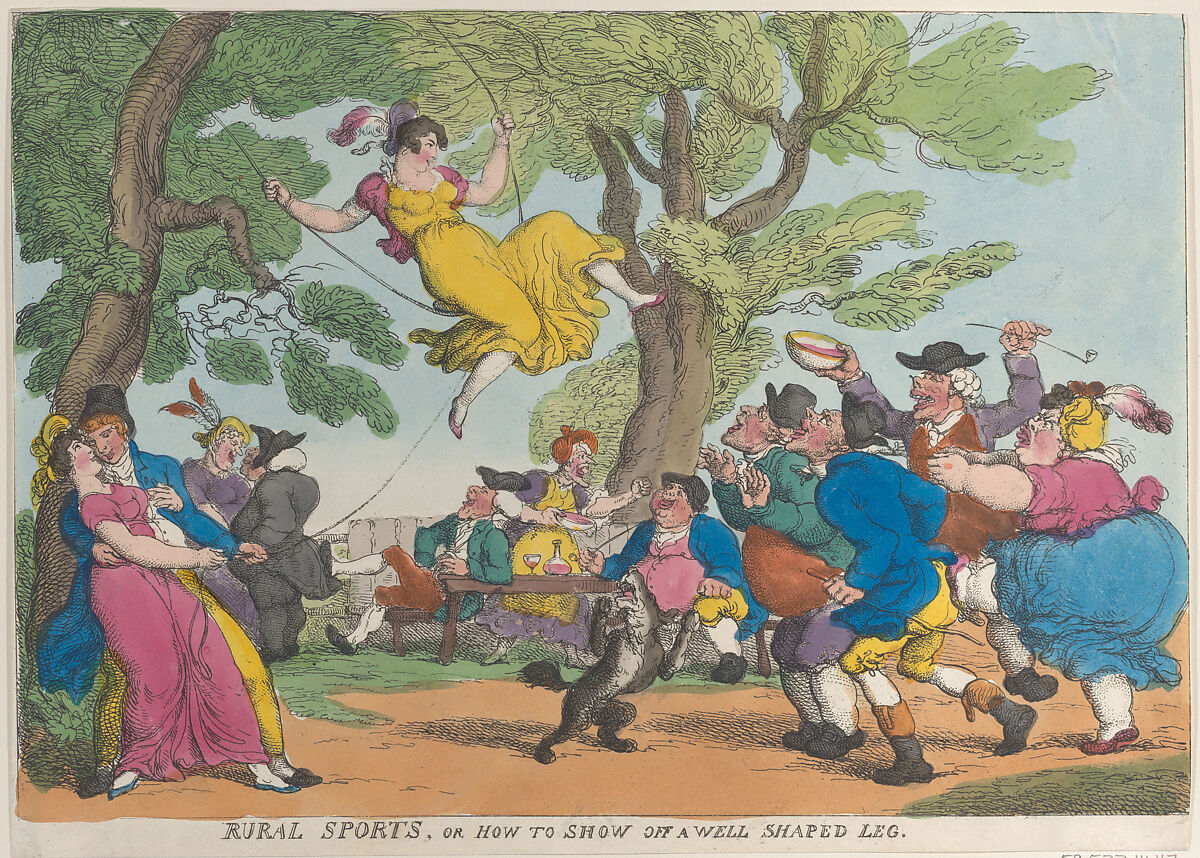 Rural Sports, or How to Show Off a Well Shaped Leg, Thomas Rowlandson (British, London 1757–1827 London), Hand-colored etching 