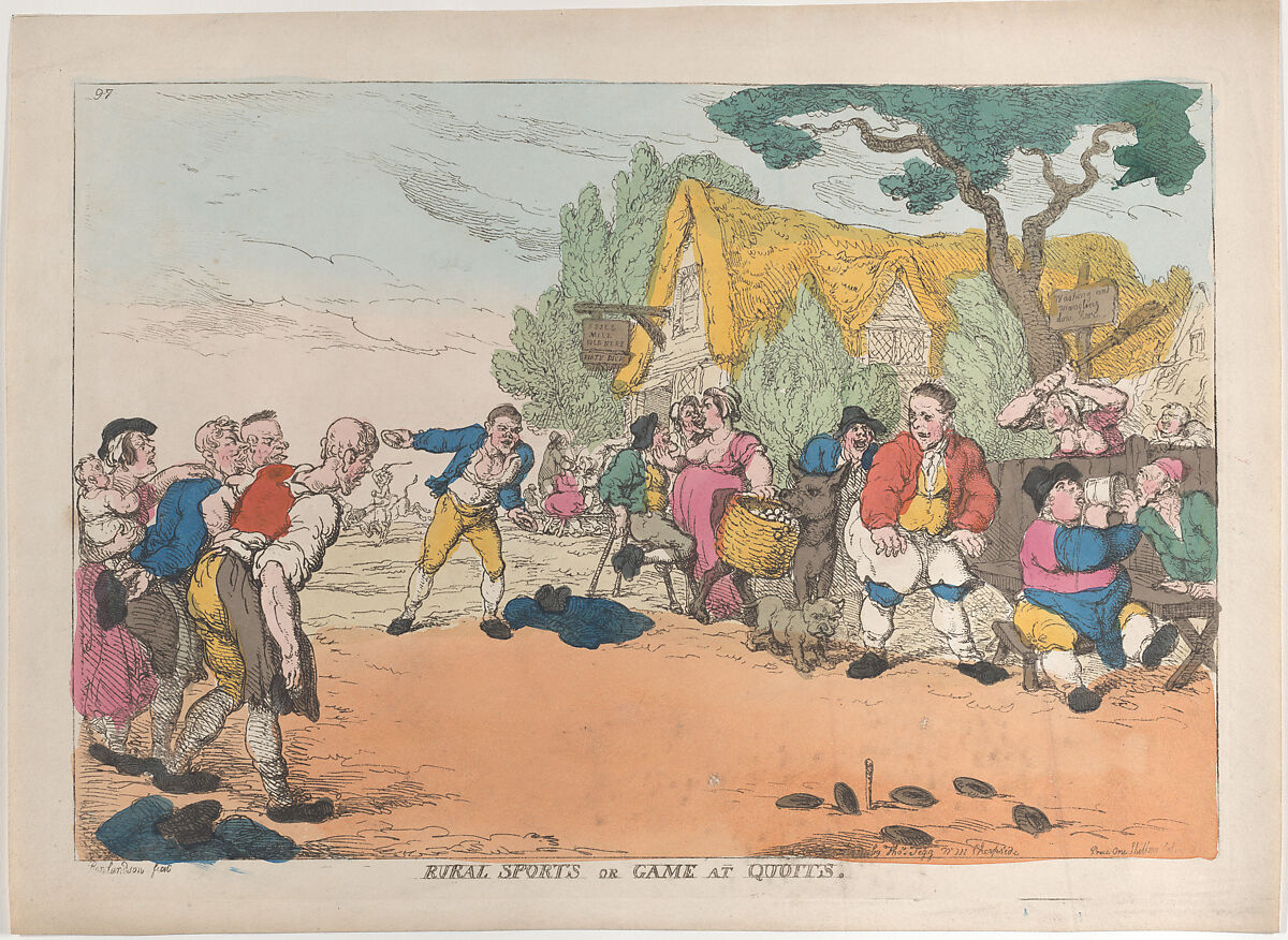 Rural Sports or Game at Quoits, Thomas Rowlandson (British, London 1757–1827 London), Hand-colored etching 