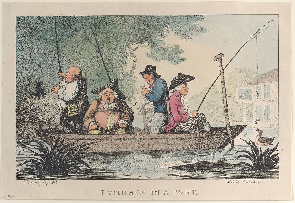 Patience in a Punt, Thomas Rowlandson (British, London 1757–1827 London), Hand-colored etching and stipple 