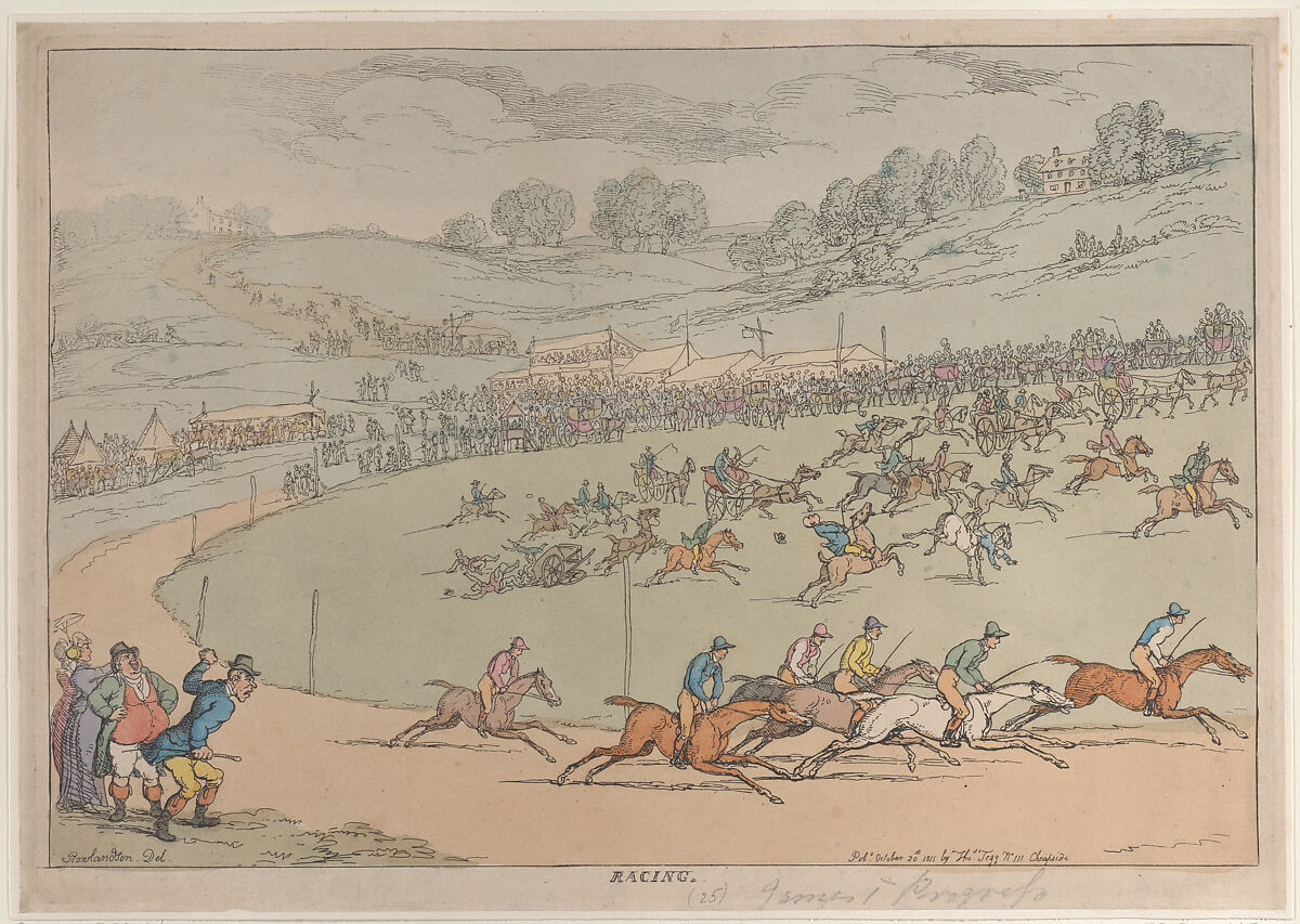 Racing, Thomas Rowlandson (British, London 1757–1827 London), Hand-colored etching 