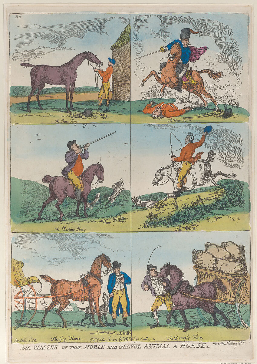 Six Classes of the Noble and Useful Animal a Horse, Thomas Rowlandson (British, London 1757–1827 London), Hand-colored etching 