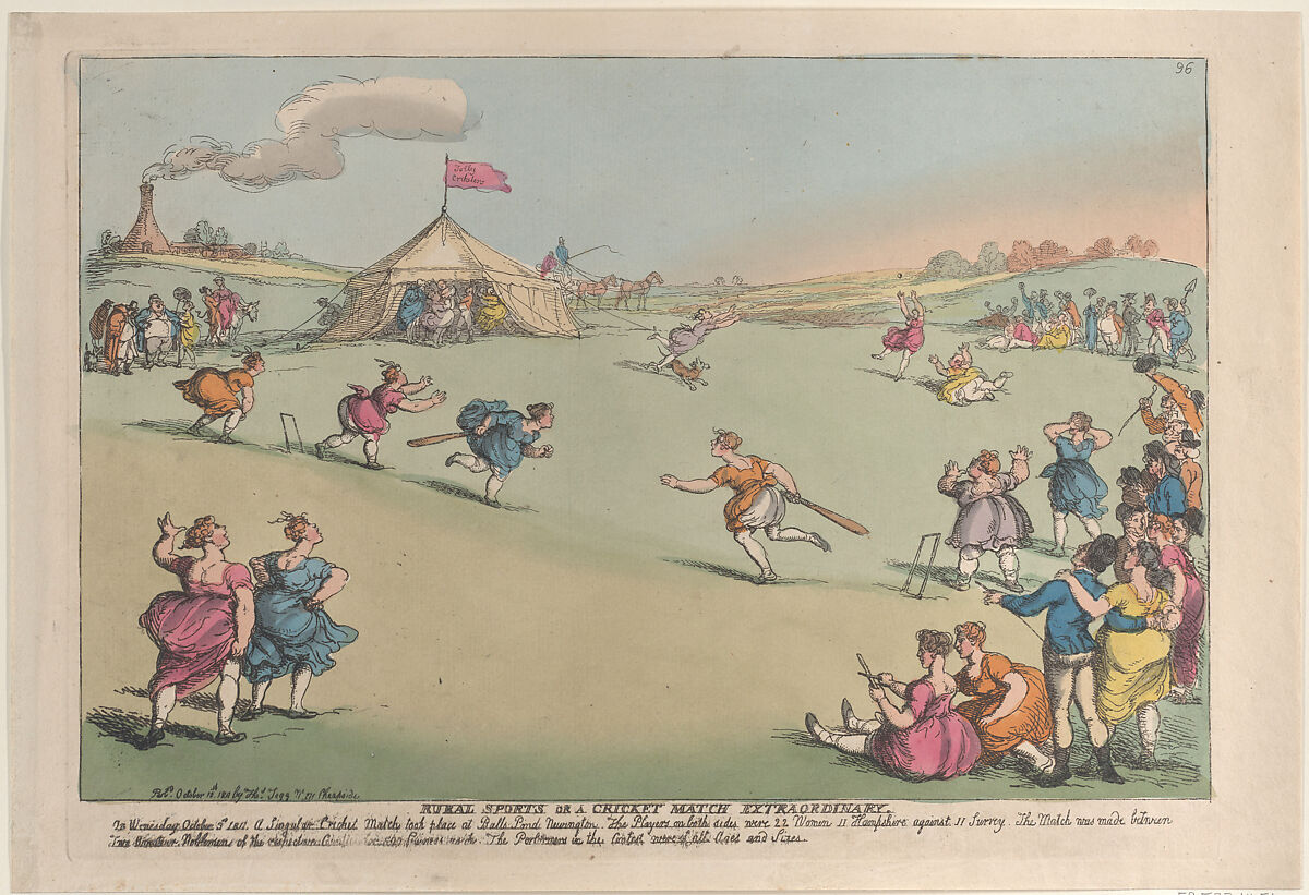 Rural Sports or a Cricket Match Extraordinary, Thomas Rowlandson (British, London 1757–1827 London), Hand-colored etching 