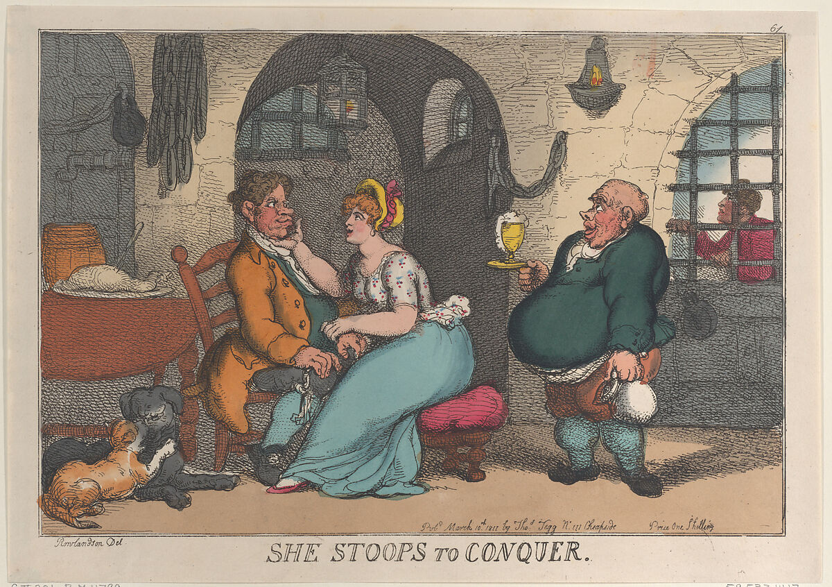 She Stoops to Conquer, Thomas Rowlandson (British, London 1757–1827 London), Hand-colored etching 