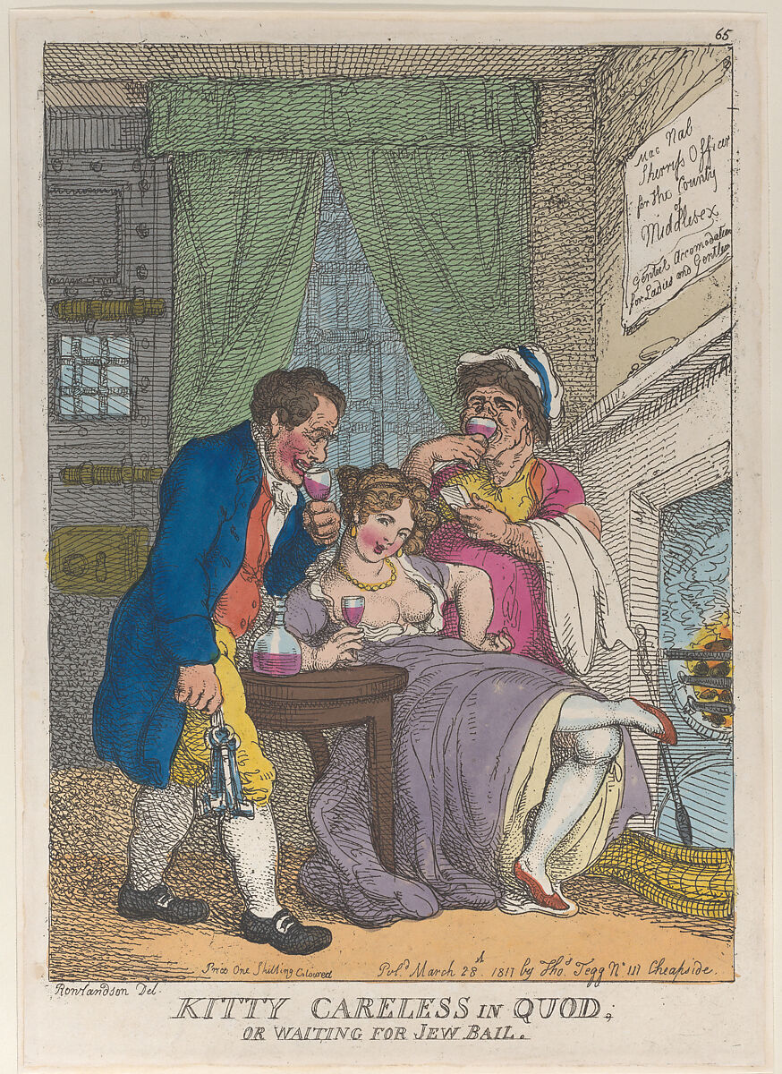 Kitty Careless in Quod or Waiting for Jew Bail, Thomas Rowlandson (British, London 1757–1827 London), Hand-colored etching; reprint 