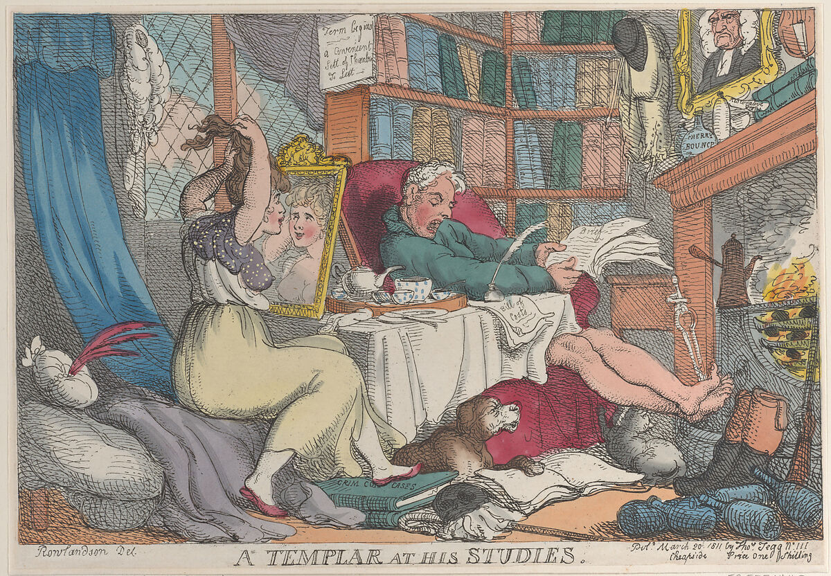 A Templar at His Studies, Thomas Rowlandson (British, London 1757–1827 London), Hand-colored etching 