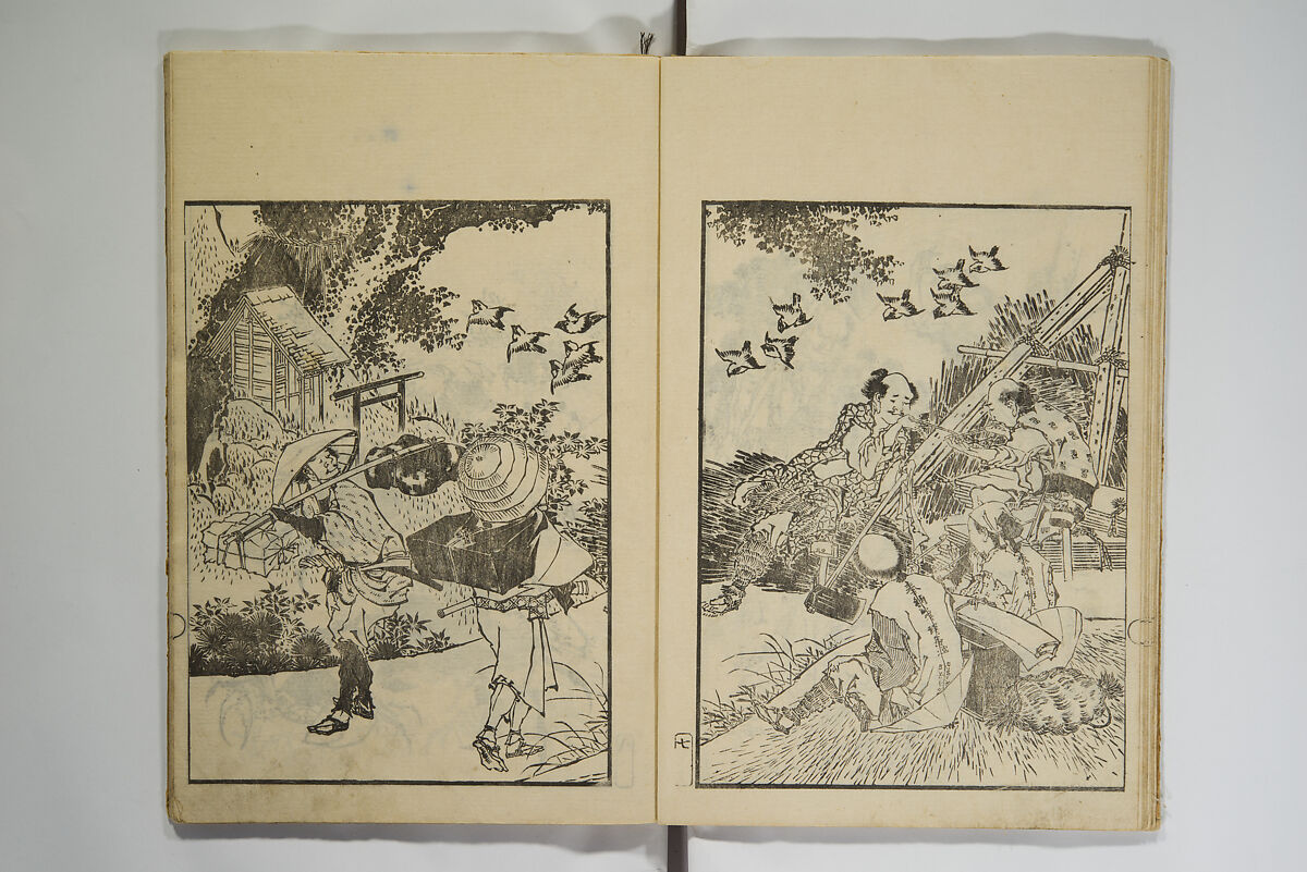 Picture Album Transmitting the Spirit: The Hokusai Drawing Style (Denshin gafu Hokusai gashiki), Katsushika Hokusai 葛飾北斎 (Japanese, Tokyo (Edo) 1760–1849 Tokyo (Edo)), Set of three woodblock printed books; ink on paper, Japan