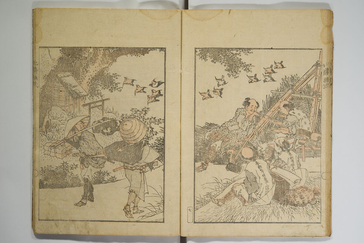 Picture Album Transmitting the Spirit: The Hokusai Drawing Style (Denshin gafu Hokusai gashiki), Katsushika Hokusai 葛飾北斎 (Japanese, Tokyo (Edo) 1760–1849 Tokyo (Edo)), Set of three woodblock printed books; ink on paper, Japan