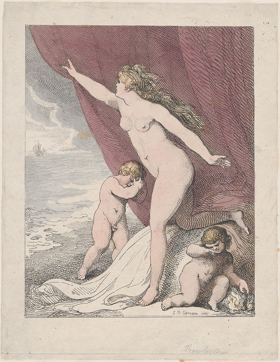 Ariadne Abandoned by Theseus, Thomas Rowlandson (British, London 1757–1827 London), Etching and stipple, hand-colored 