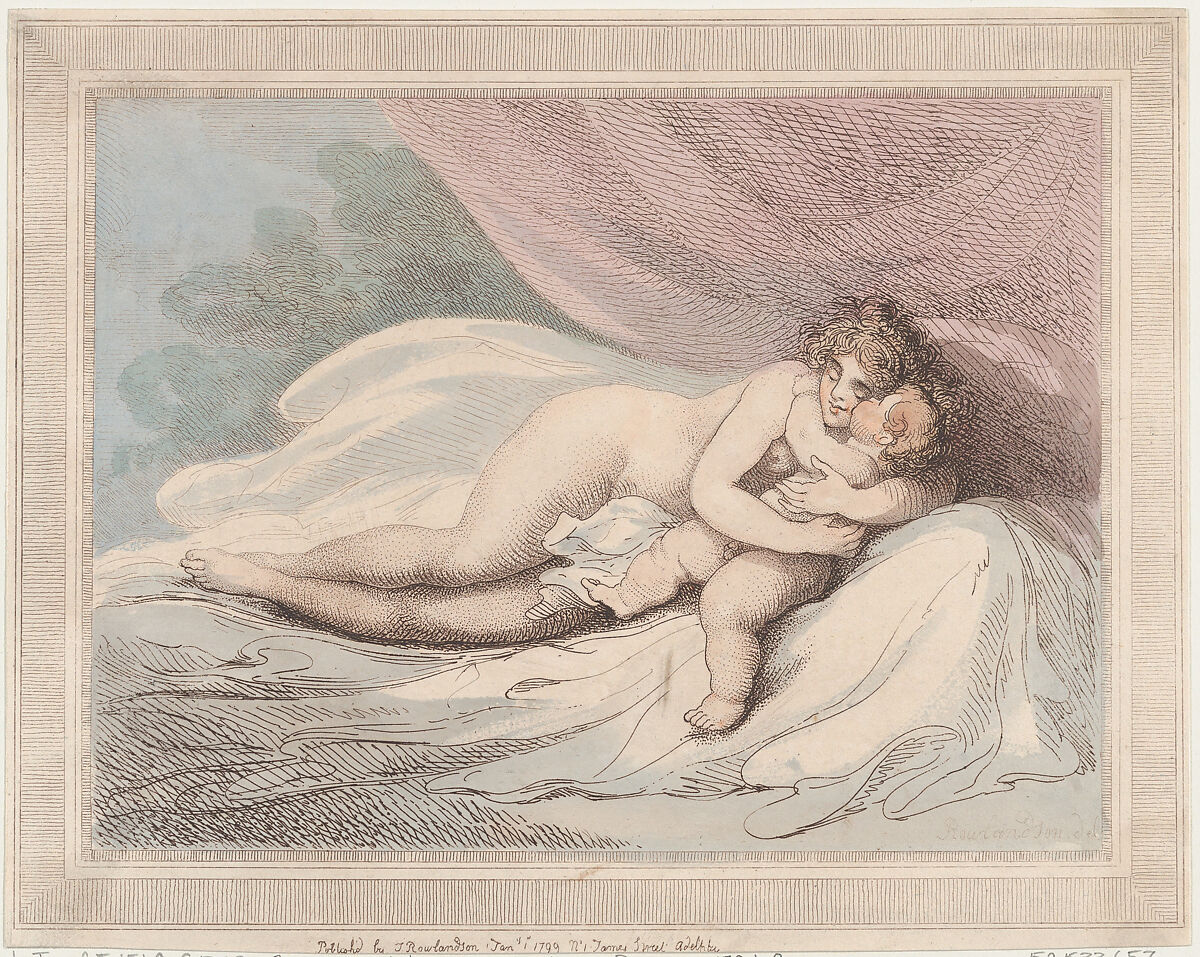Sleeping Venus Cuddling a Child, Thomas Rowlandson (British, London 1757–1827 London), Etching and stipple, hand-colored 