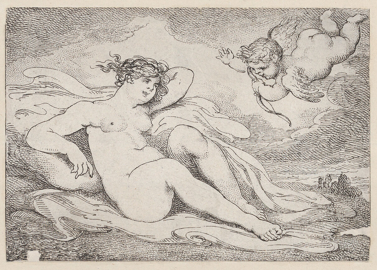 Venus and Cupid, Thomas Rowlandson (British, London 1757–1827 London), Etching and stipple, hand-colored 