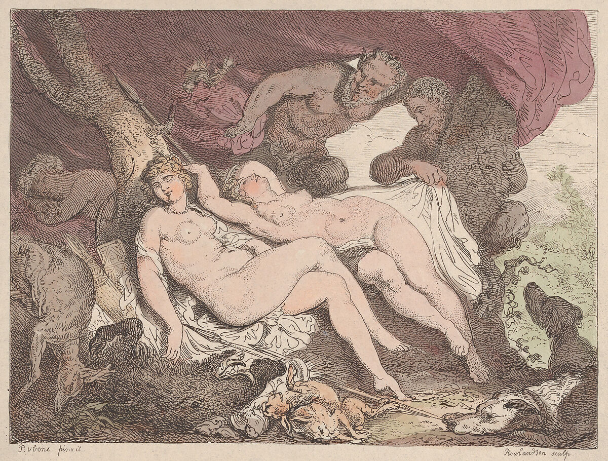 Diana and Her Nymphs Spied on by Satyrs, Thomas Rowlandson (British, London 1757–1827 London), Etching and stipple, hand-colored 