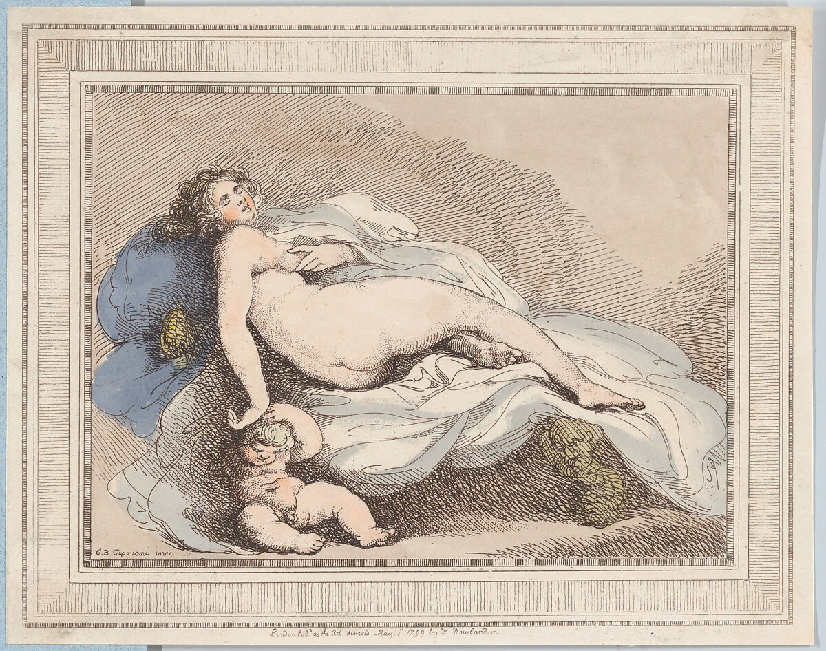 Sleeping Venus and Love, Thomas Rowlandson (British, London 1757–1827 London), Etching and stipple, hand-colored 