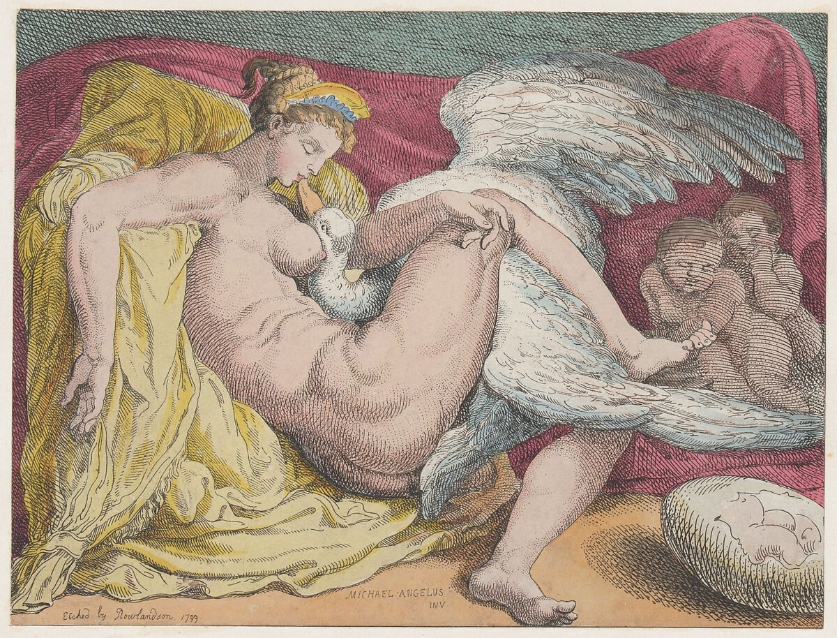 Leda and the Swan, Thomas Rowlandson (British, London 1757–1827 London), Etching and stipple, hand-colored 