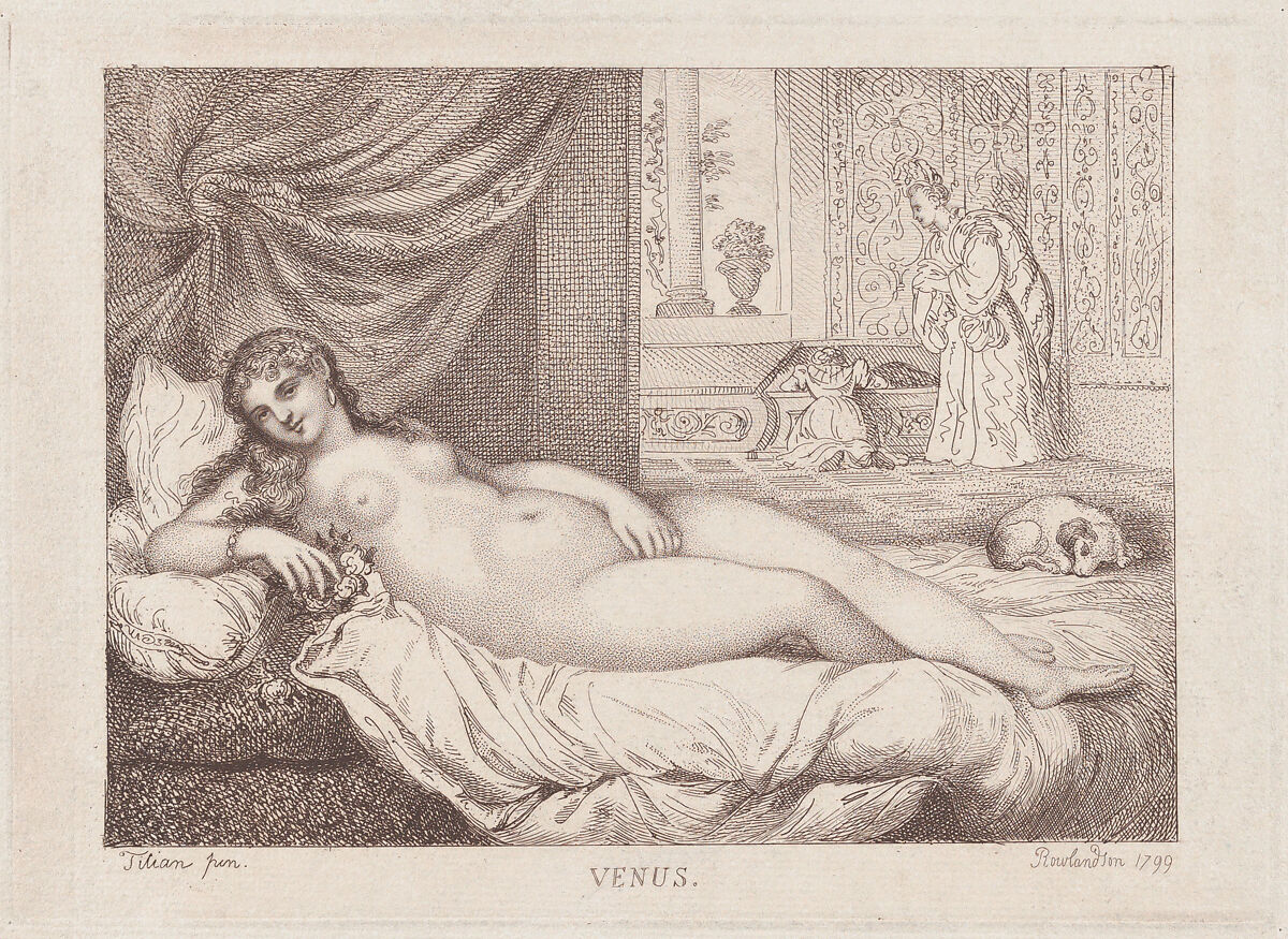 Venus of Urbino, Thomas Rowlandson (British, London 1757–1827 London), Etching and stipple, printed in brown ink 