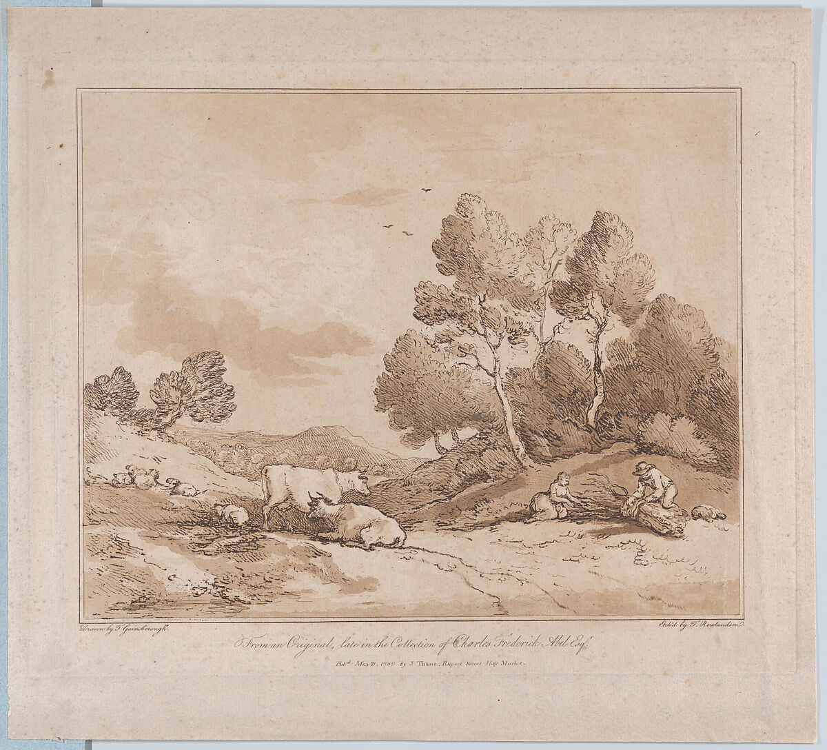 Landscape with Figures Binding a Bundle of Wood, Thomas Rowlandson (British, London 1757–1827 London), Etching, soft-ground etching and aquatint, printed in brown ink 