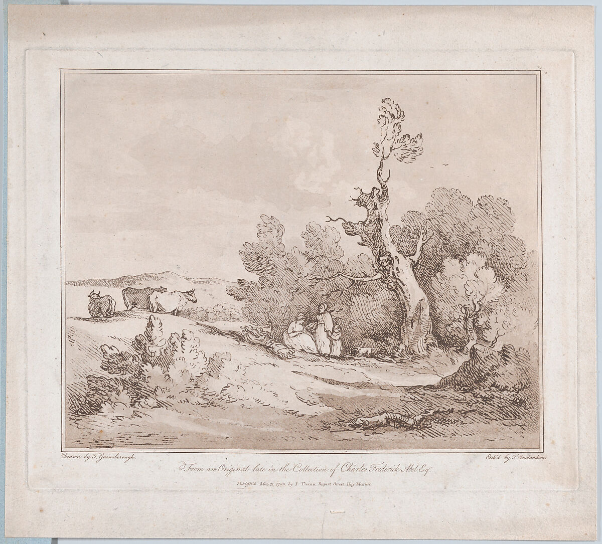 Landscape with Figures Collecting Wood Beneath Gnarled Trees, or, Cattle, River side, Thomas Rowlandson (British, London 1757–1827 London), Etching, soft-ground etching and aquatint, printed in brown ink 