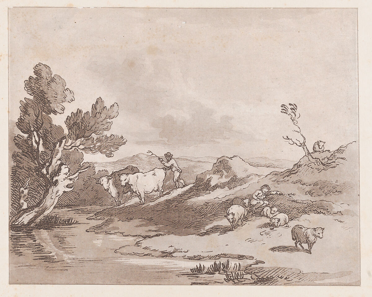 Landscape with a Figure Herding Cattle to Water, Thomas Rowlandson (British, London 1757–1827 London), Etching, soft-ground etching and aquatint, printed in brown ink 