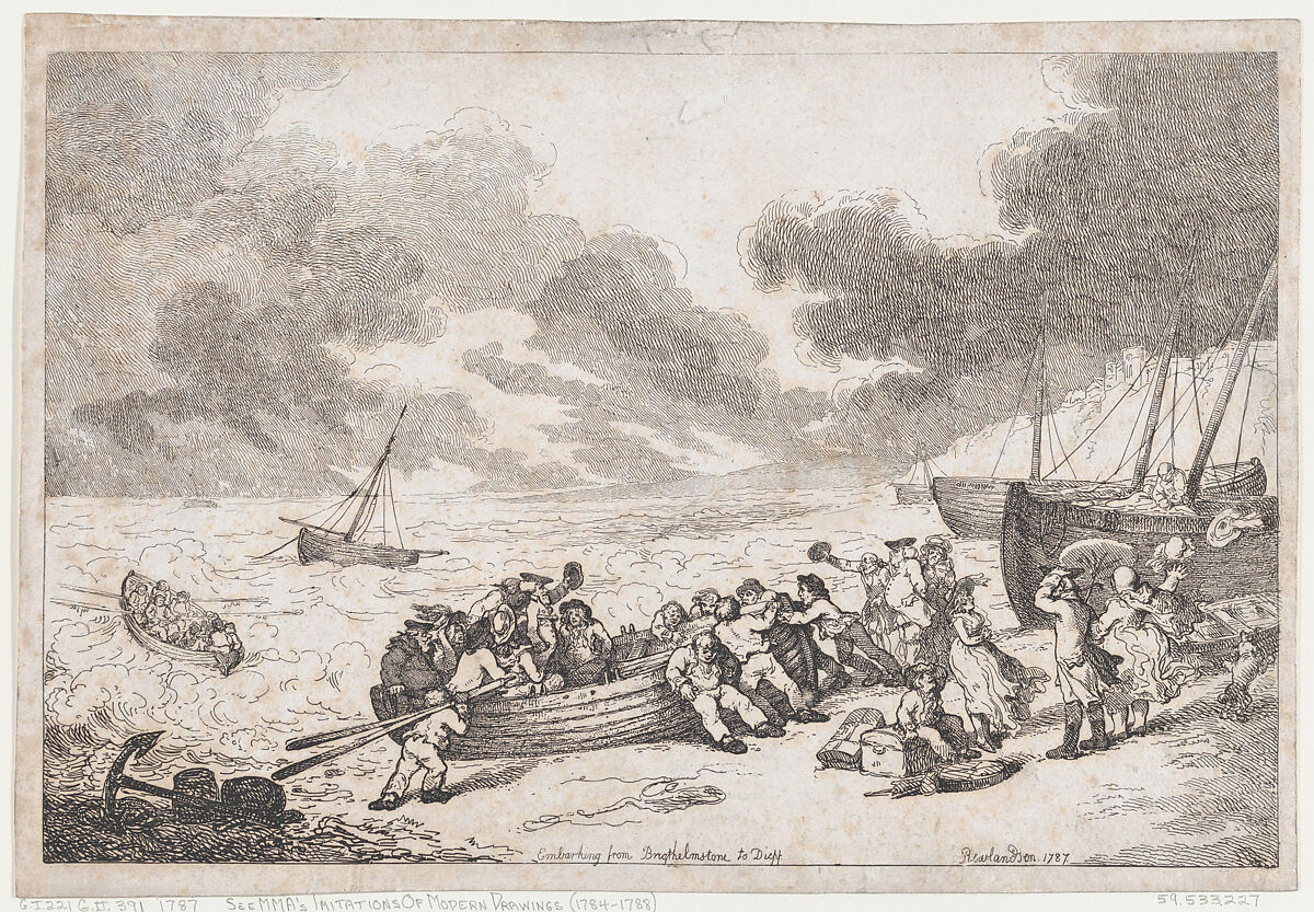 Embarking from Brighthelmstone to Diepp[e], Thomas Rowlandson (British, London 1757–1827 London), Etching 