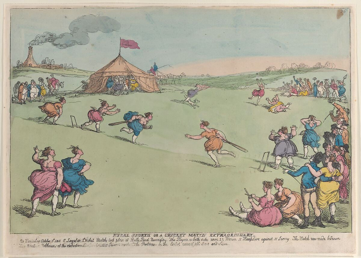 Rural Sports or a Cricket Match Extraordinary, Thomas Rowlandson (British, London 1757–1827 London), Hand-colored etching 