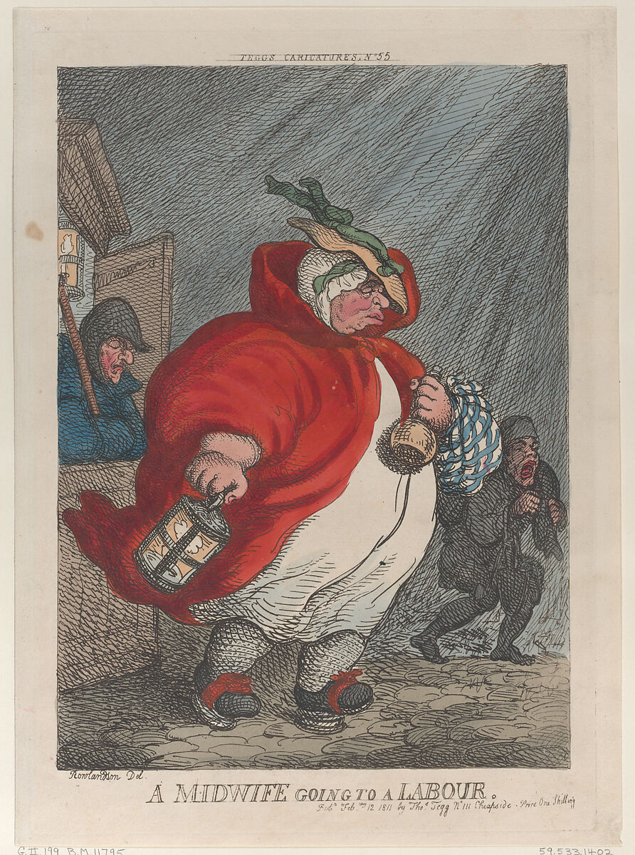 A Midwife Going to a Labour, Thomas Rowlandson (British, London 1757–1827 London), Hand-colored etching 
