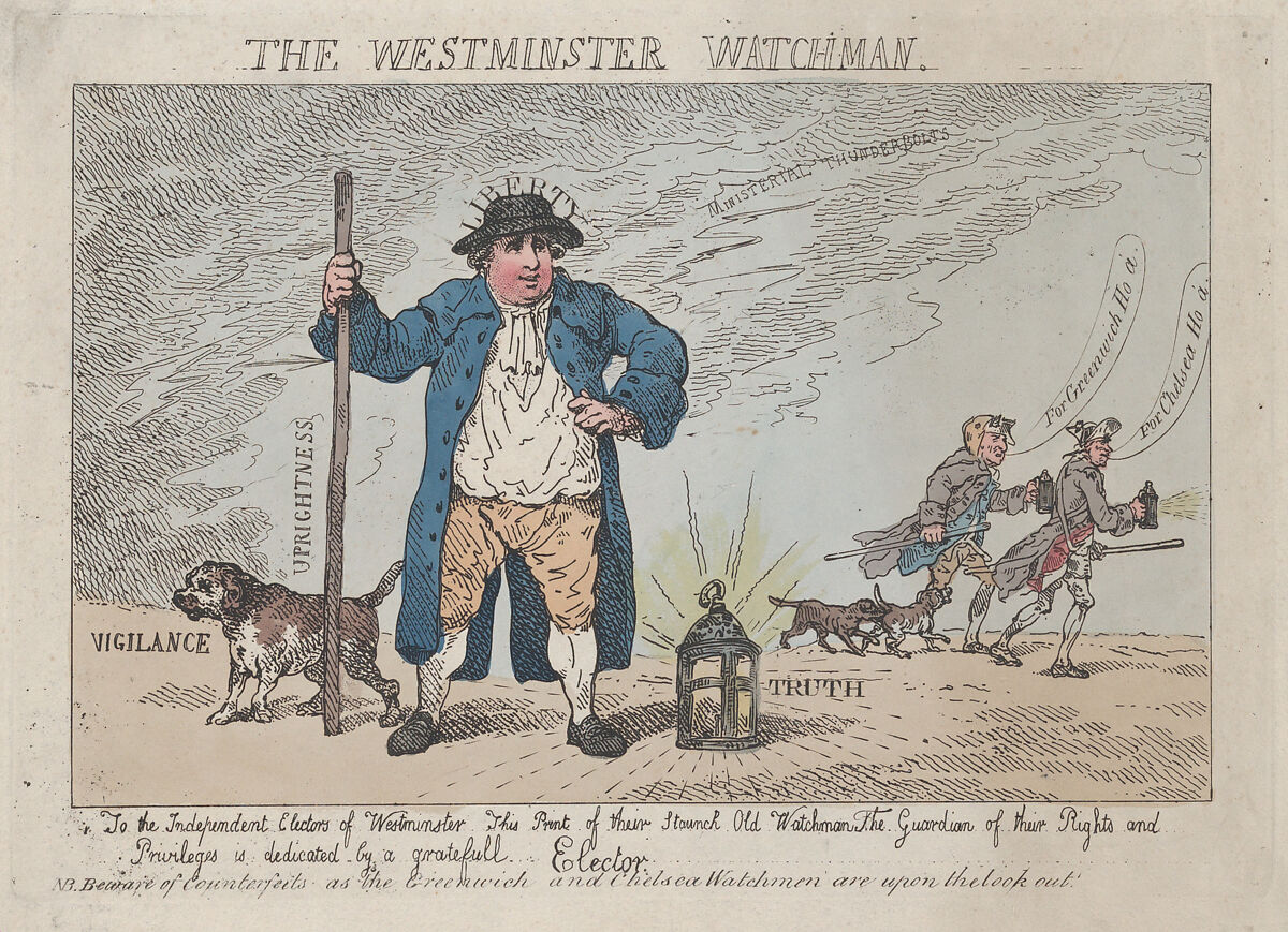 The Westminster Watchman, Thomas Rowlandson (British, London 1757–1827 London), Hand-colored etching 