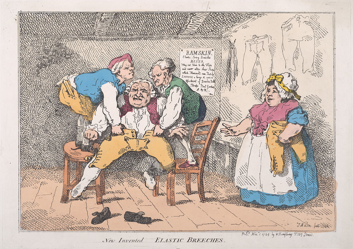 New Invented Elastic Breeches, Thomas Rowlandson (British, London 1757–1827 London), Hand-colored etching 