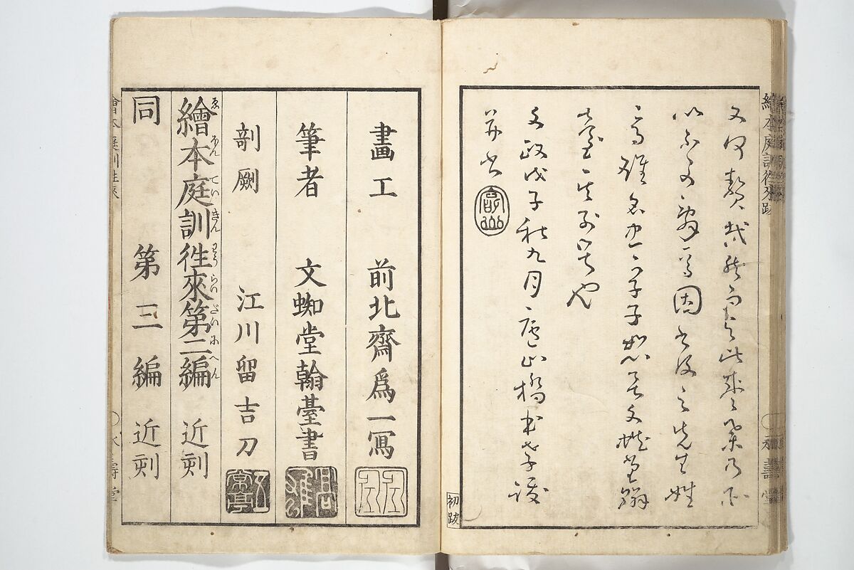 Picture Book on the Communication of Home Precepts part III (Ehon teikin ōrai gehen) 絵本庭訓往来下編, Katsushika Hokusai 葛飾北斎 (Japanese, Tokyo (Edo) 1760–1849 Tokyo (Edo)), Set of three woodblock printed books; ink on paper, Japan