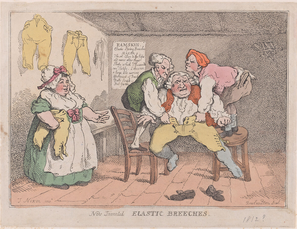 New Invented Elastic Breeches, Thomas Rowlandson (British, London 1757–1827 London), Hand-colored etching 