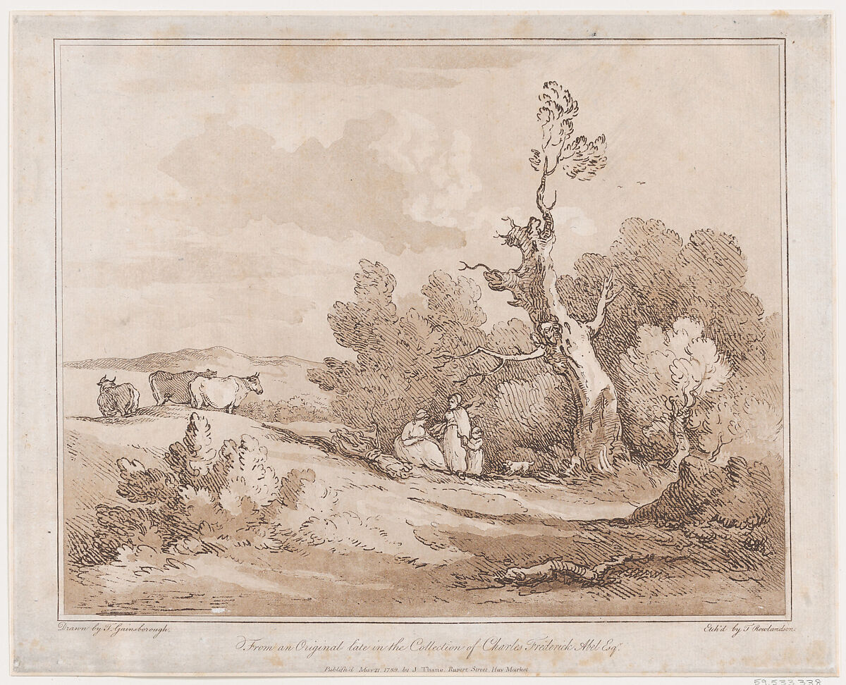 Landscape with Figures Collecting Wood Beneath Gnarled Trees, or, Cattle, River side, Thomas Rowlandson (British, London 1757–1827 London), Etching, soft-ground etching and aquatint, printed in brown ink 