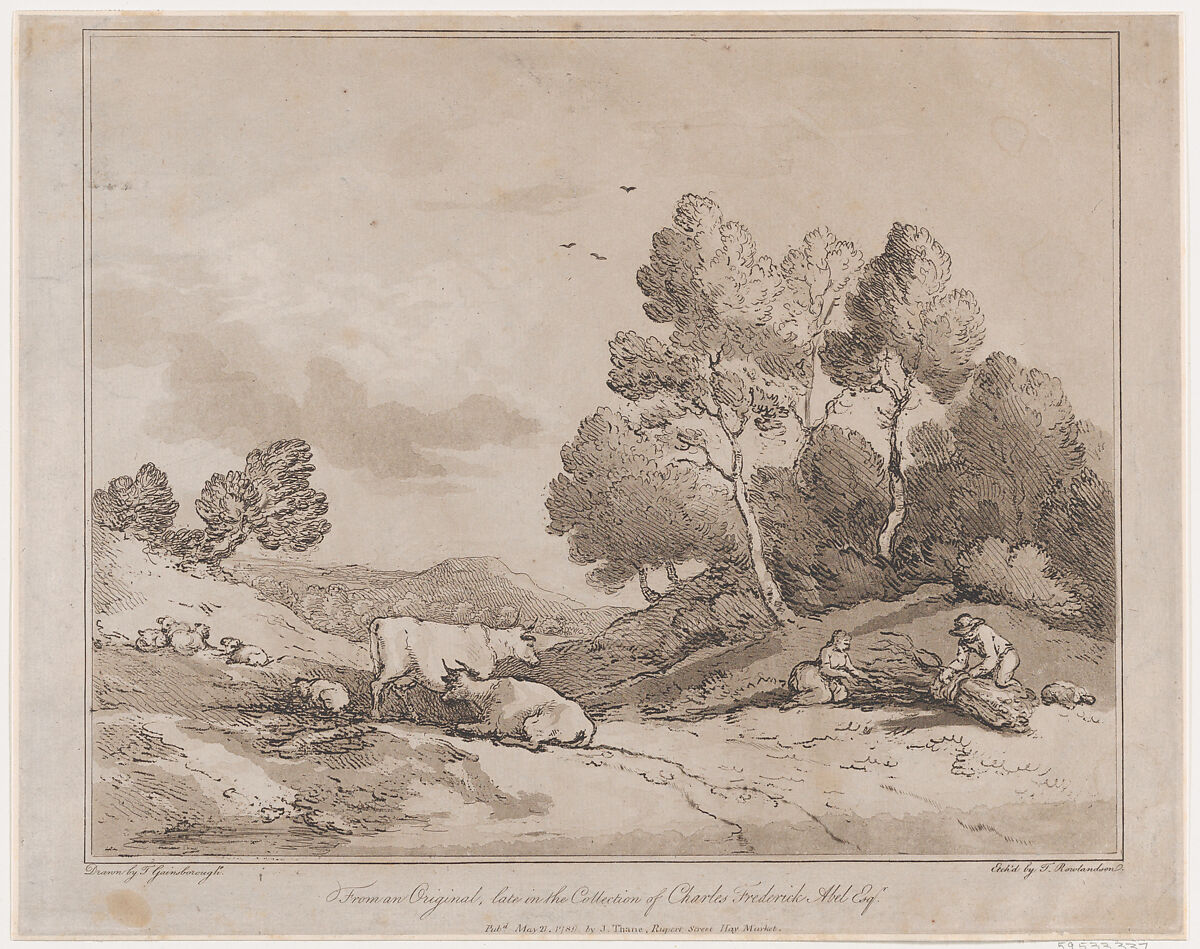 Landscape with Figures Binding a Bundle of Wood, Thomas Rowlandson (British, London 1757–1827 London), Etching, soft-ground etching and aquatint, printed in brown ink 