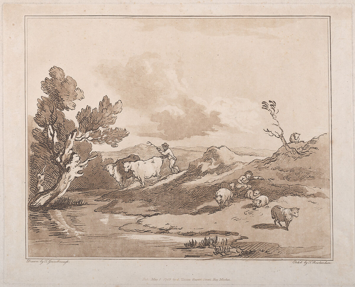 Landscape with a Figure Herding Cattle, and a Shepherd Resting, Thomas Rowlandson (British, London 1757–1827 London), Etching, soft-ground etching and aquatint, printed in brown ink 