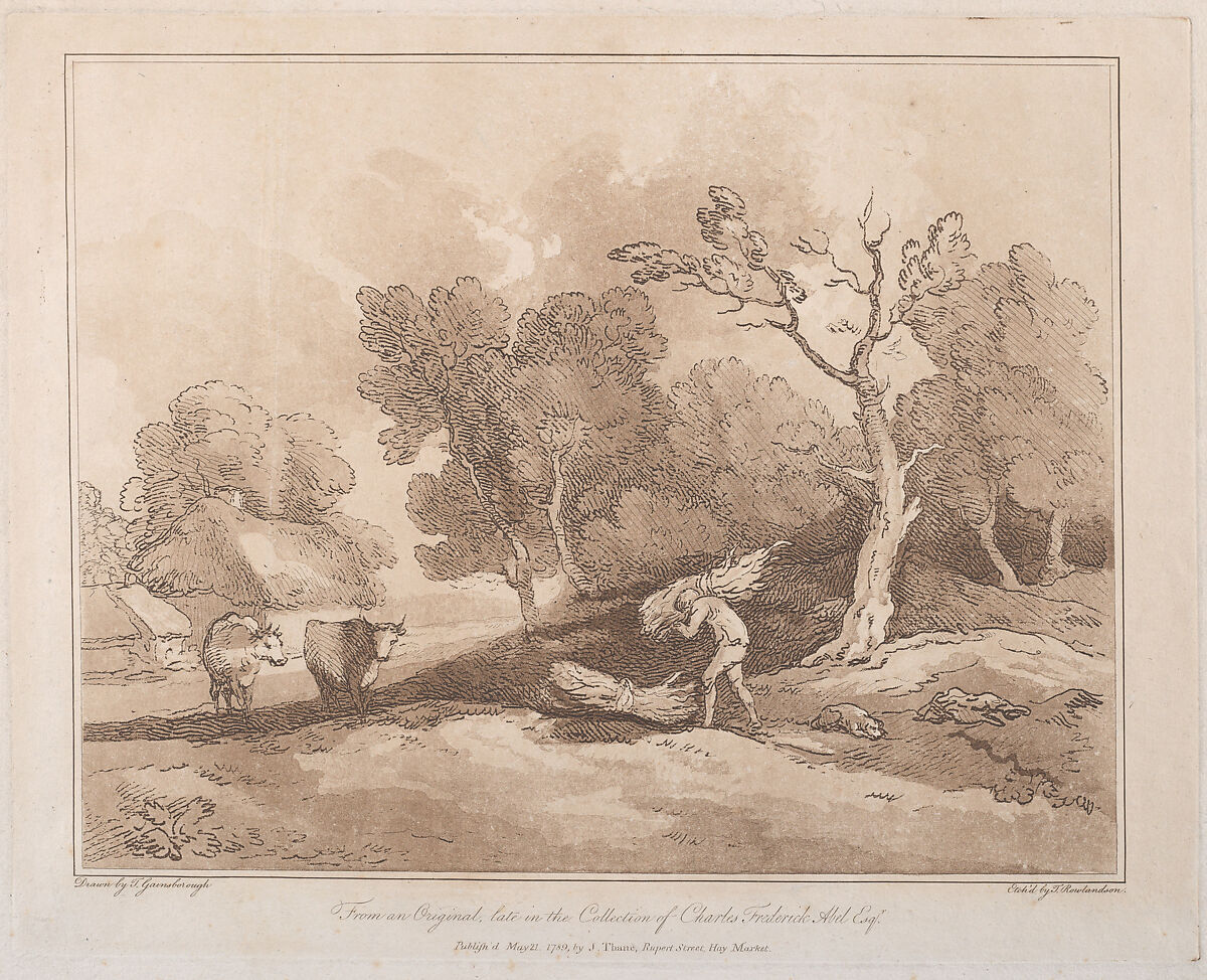 Landscape with a Figure Carrying a Bundle of Branches, a Copice Behind, Two Cows in a Field at Left, Thomas Rowlandson (British, London 1757–1827 London), Etching, soft-ground etching and aquatint, printed in brown ink 