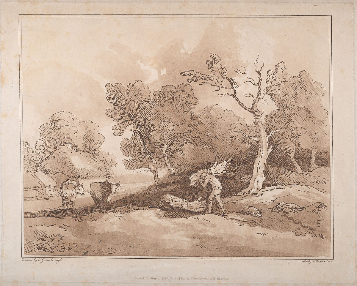 Landscape with a Figure Carrying a Bundle of Branches, a Copice Behind, Two Cows in a Field at Left, Thomas Rowlandson (British, London 1757–1827 London), Etching, soft-ground etching and aquatint, printed in brown ink 