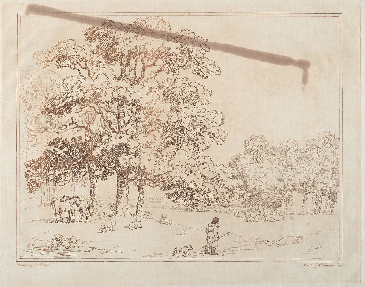 A Park Landscape, Thomas Rowlandson (British, London 1757–1827 London), Etching, printed in brown ink; proof before addition of aquatint 