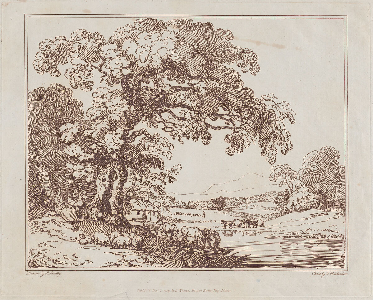 Pastoral Riverside Scene, Thomas Rowlandson (British, London 1757–1827 London), Etching, printed in brown ink 