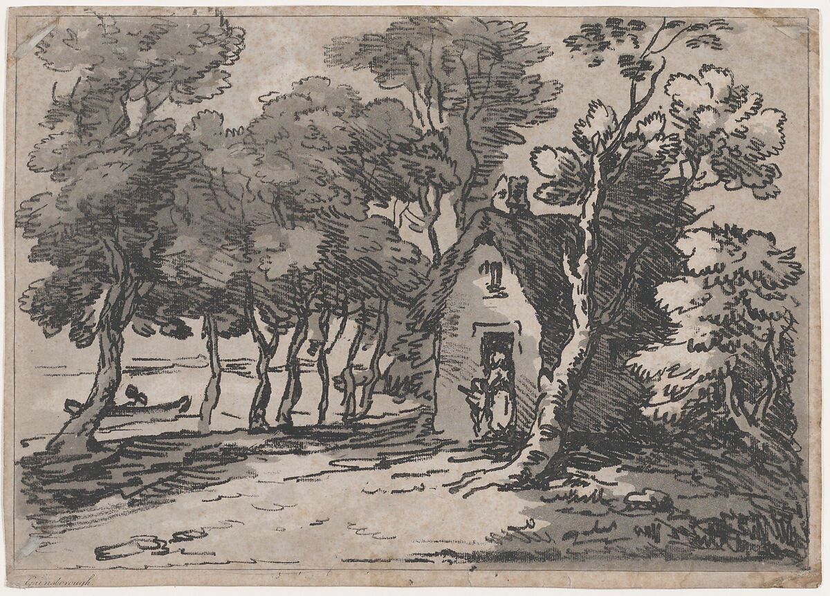 Wooded Scene With Figures at the Door of a Cottage, Thomas Rowlandson (British, London 1757–1827 London), Soft-ground etching and aquatint 