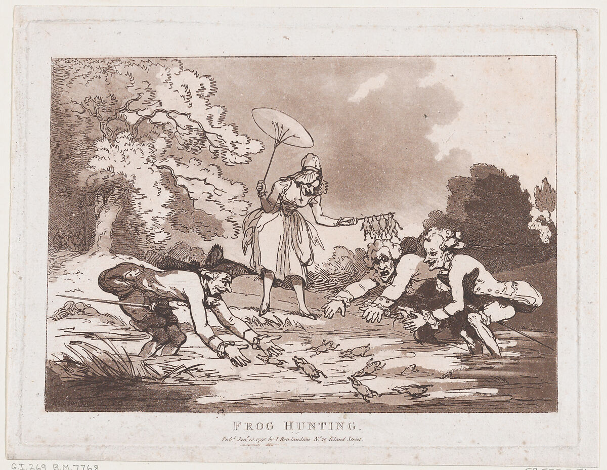 Frog Hunting, Thomas Rowlandson (British, London 1757–1827 London), Etching and aquatint, printed in brown ink 