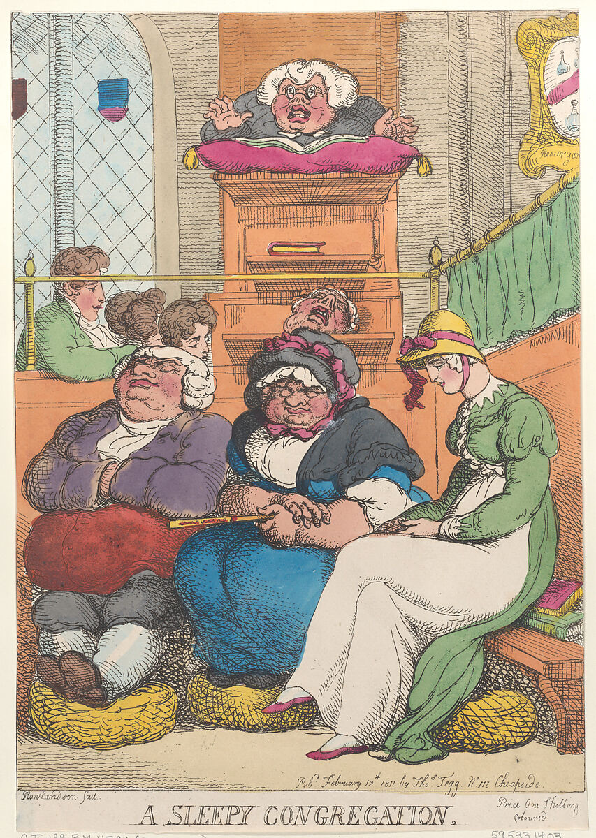 A Sleepy Congregation, Thomas Rowlandson (British, London 1757–1827 London), Hand-colored etching 