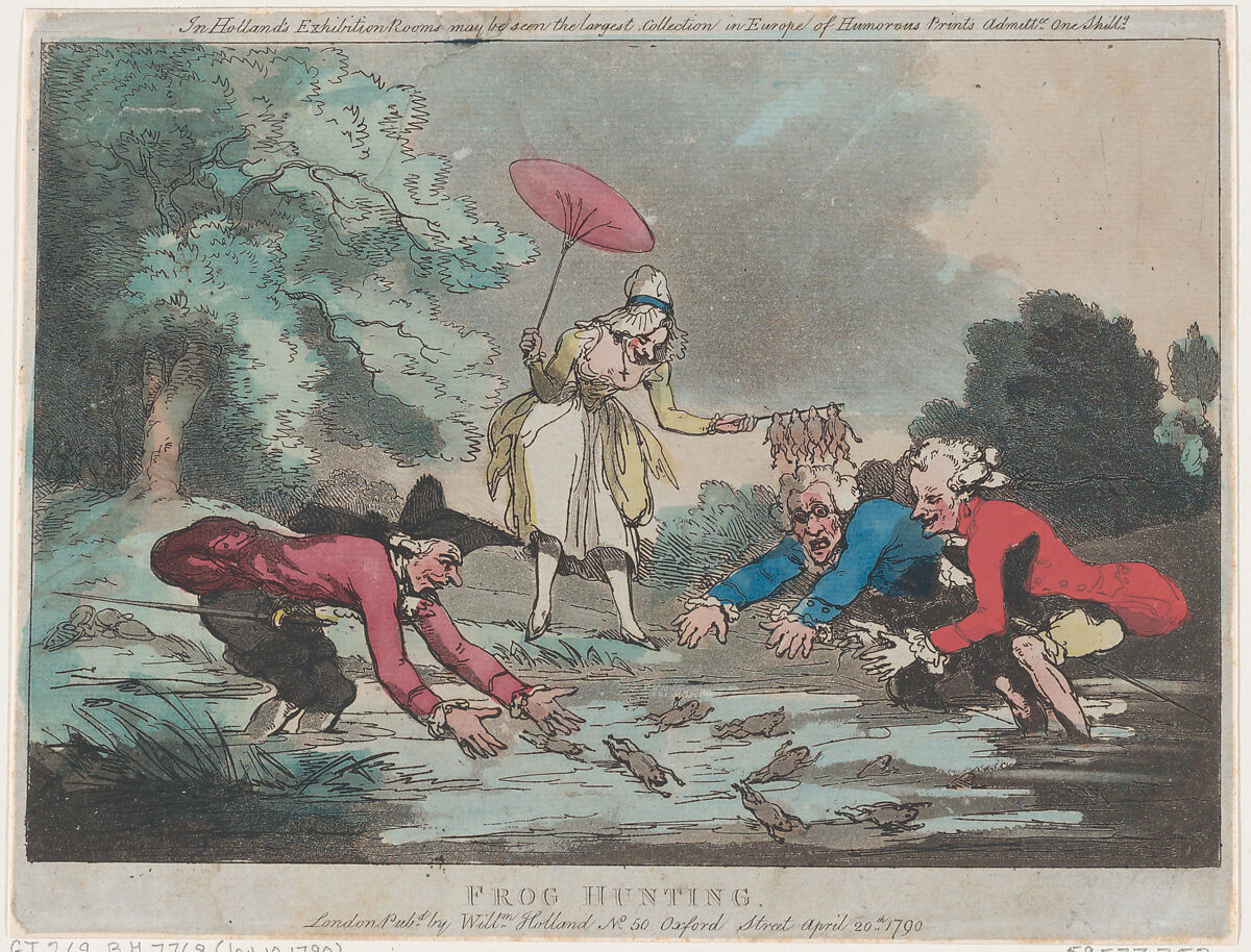 Frog Hunting, Thomas Rowlandson (British, London 1757–1827 London), Etching and aquatint, hand-colored 