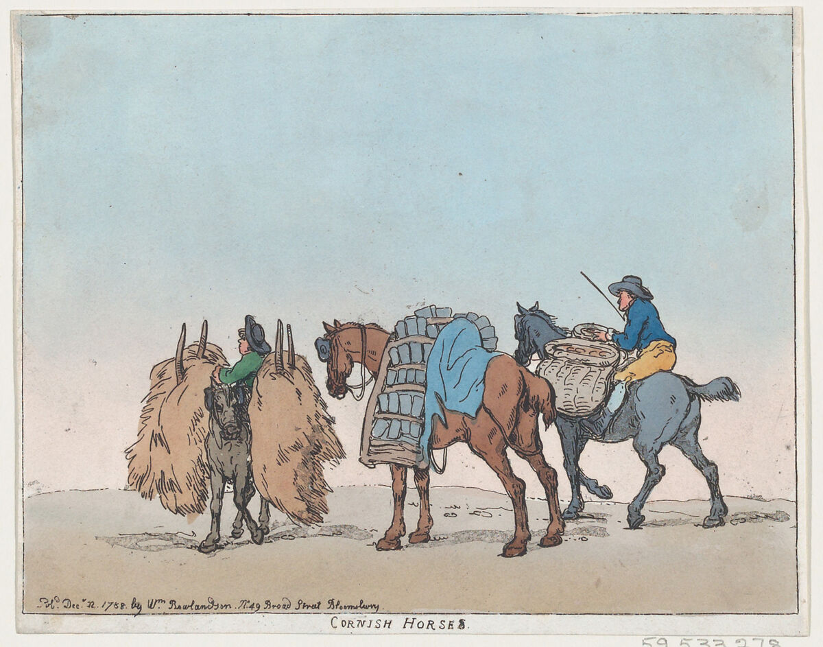 Cornish Horses, Thomas Rowlandson (British, London 1757–1827 London), Etching and aquatint, hand-colored 