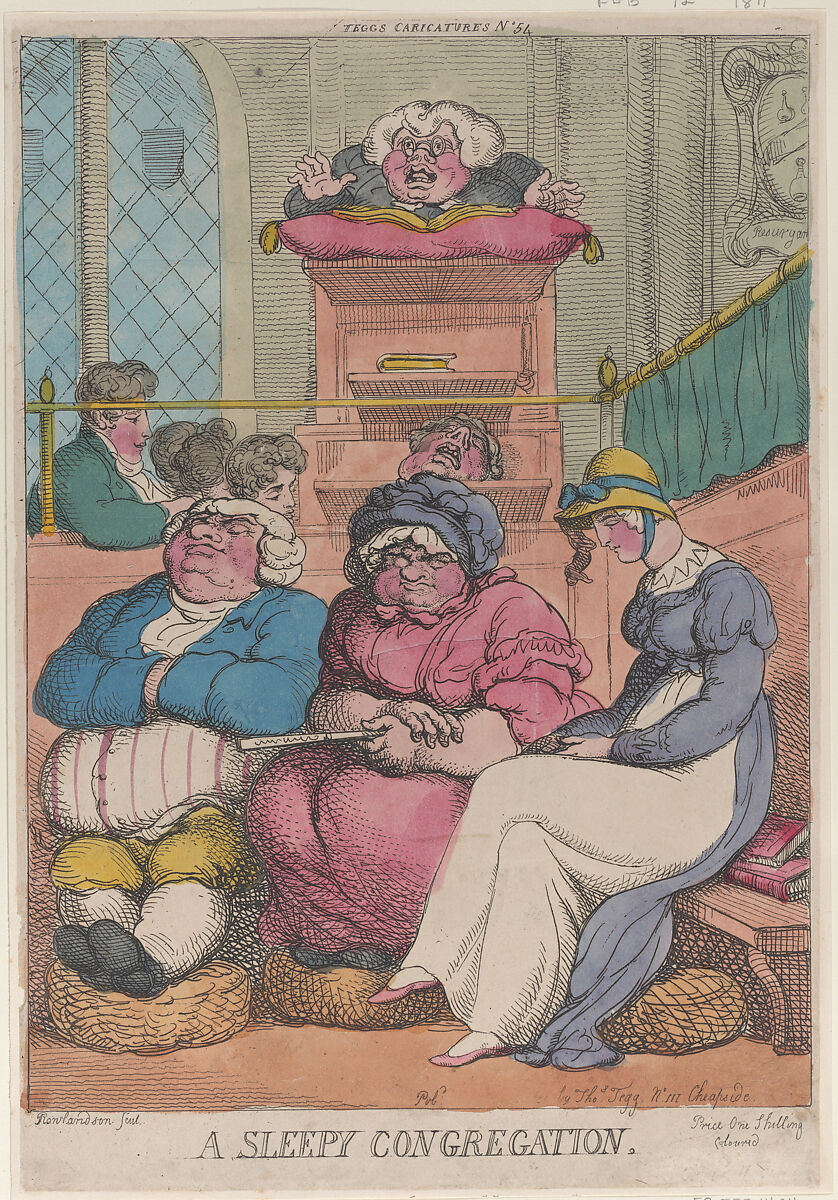 A Sleepy Congregation, Thomas Rowlandson (British, London 1757–1827 London), Hand-colored etching 