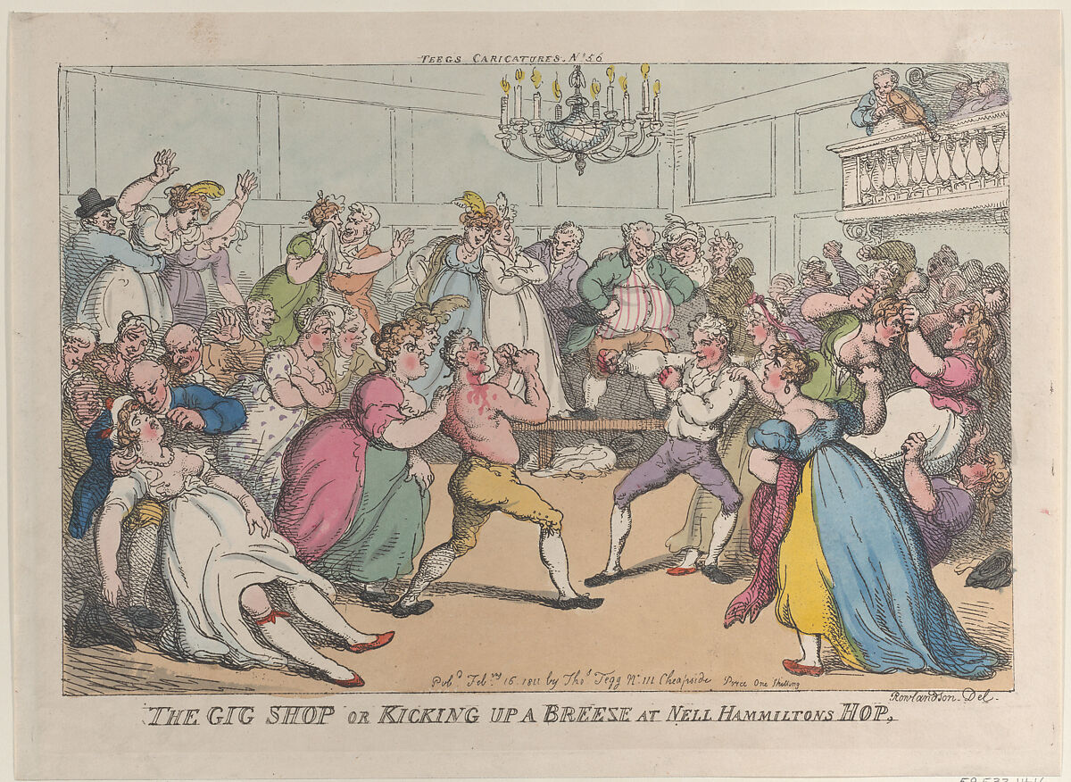 The Gig Shop or Kicking Up a Breeze at Nell Hammiltons Hop, Thomas Rowlandson (British, London 1757–1827 London), Hand-colored etching 