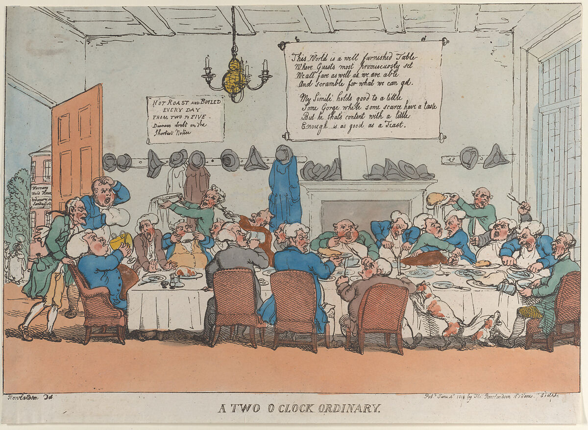 A Two O'Clock Ordinary, Thomas Rowlandson (British, London 1757–1827 London), Hand-colored etching 