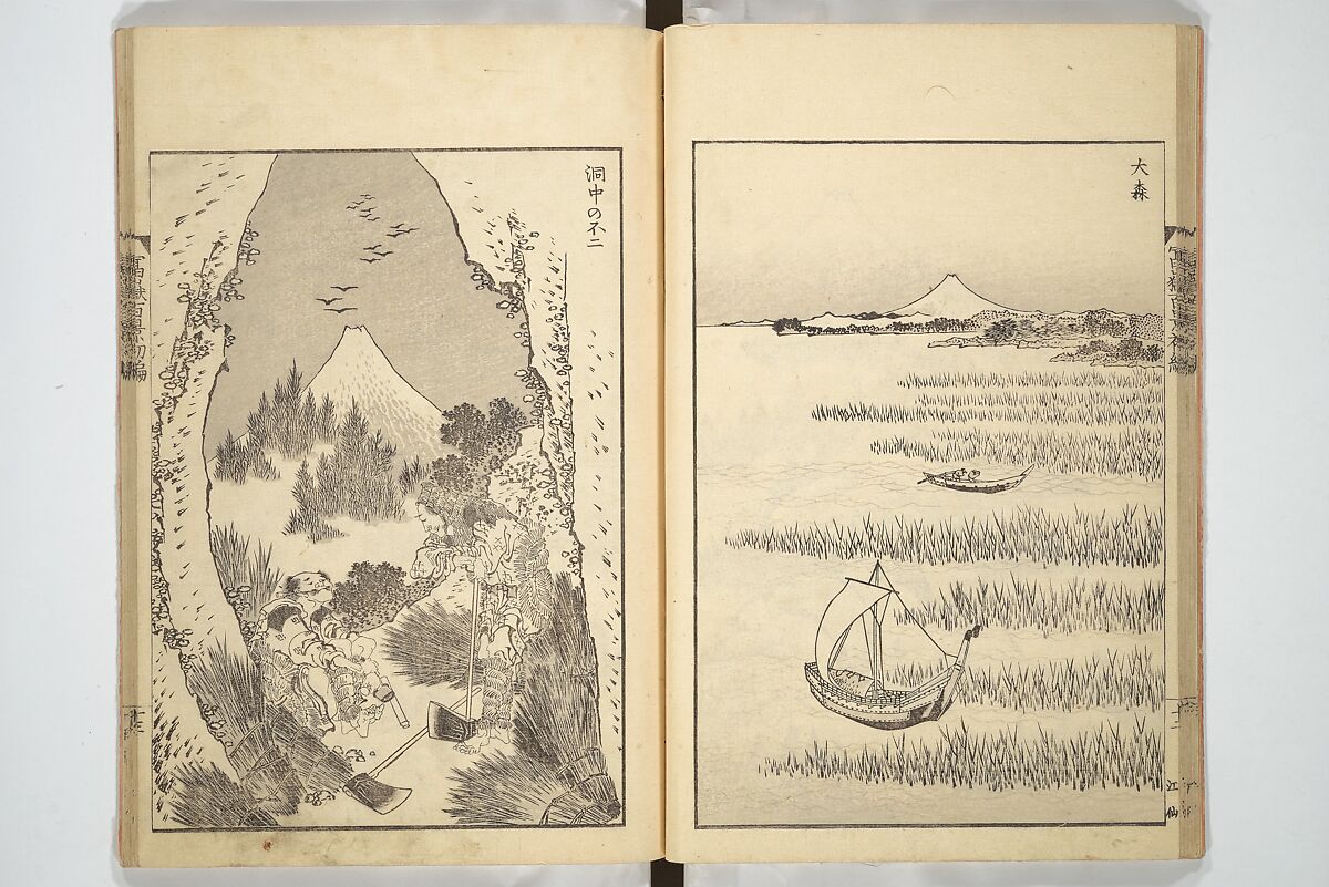 One Hundred Views of Mount Fuji (Fugaku hyakkei) 富嶽百景, Katsushika Hokusai 葛飾北斎 (Japanese, Tokyo (Edo) 1760–1849 Tokyo (Edo)), Set of three woodblock printed books; ink on paper, Japan
