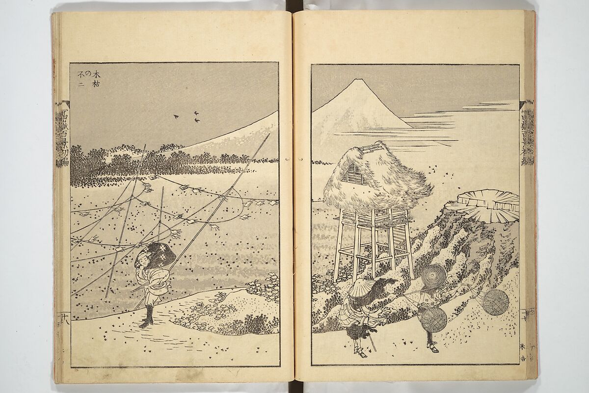 One Hundred Views of Mount Fuji (Fugaku hyakkei) 富嶽百景, Katsushika Hokusai 葛飾北斎 (Japanese, Tokyo (Edo) 1760–1849 Tokyo (Edo)), Set of three woodblock printed books; ink on paper, Japan