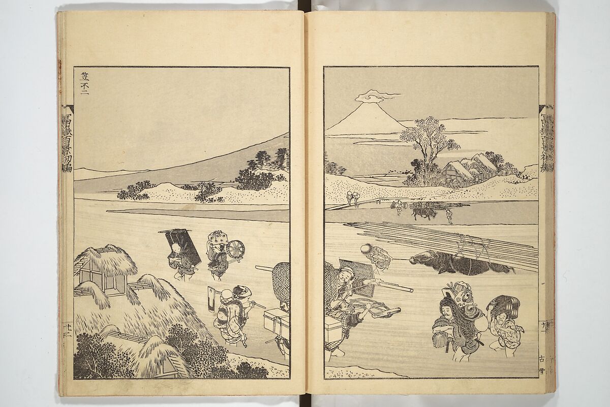One Hundred Views of Mount Fuji (Fugaku hyakkei) 富嶽百景, Katsushika Hokusai 葛飾北斎 (Japanese, Tokyo (Edo) 1760–1849 Tokyo (Edo)), Set of three woodblock printed books; ink on paper, Japan